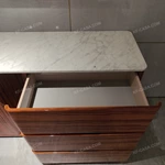 Contemporary High-Gloss Natural Wood Veneer Sideboard with White Marble Top, Double-Door Storage and Three Wide Drawers